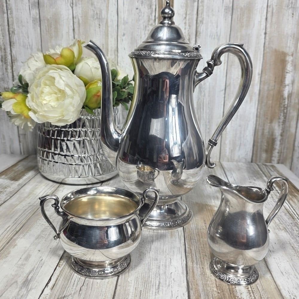 International Silver Camille Silverplate Coffee Pot Sugar Bowl Creamer 3pc Set - Picture 3 of 16